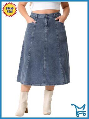 Plus Size Denim Skirt High Waist A-Line Midi Jean Skirt